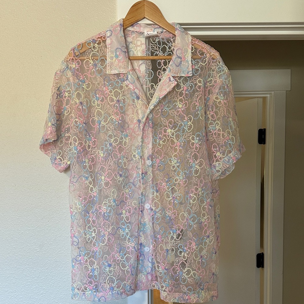 iHeartRaves Floral Sheer Men's Button Down